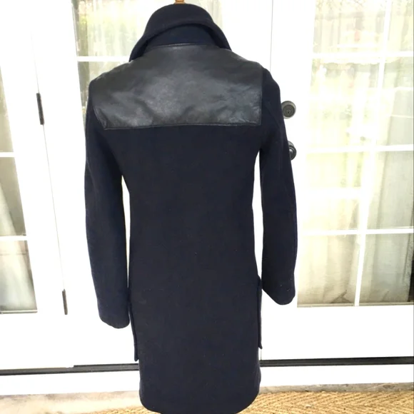 Allsaints Navy Wool Duffle Coat w Leather Shoulder